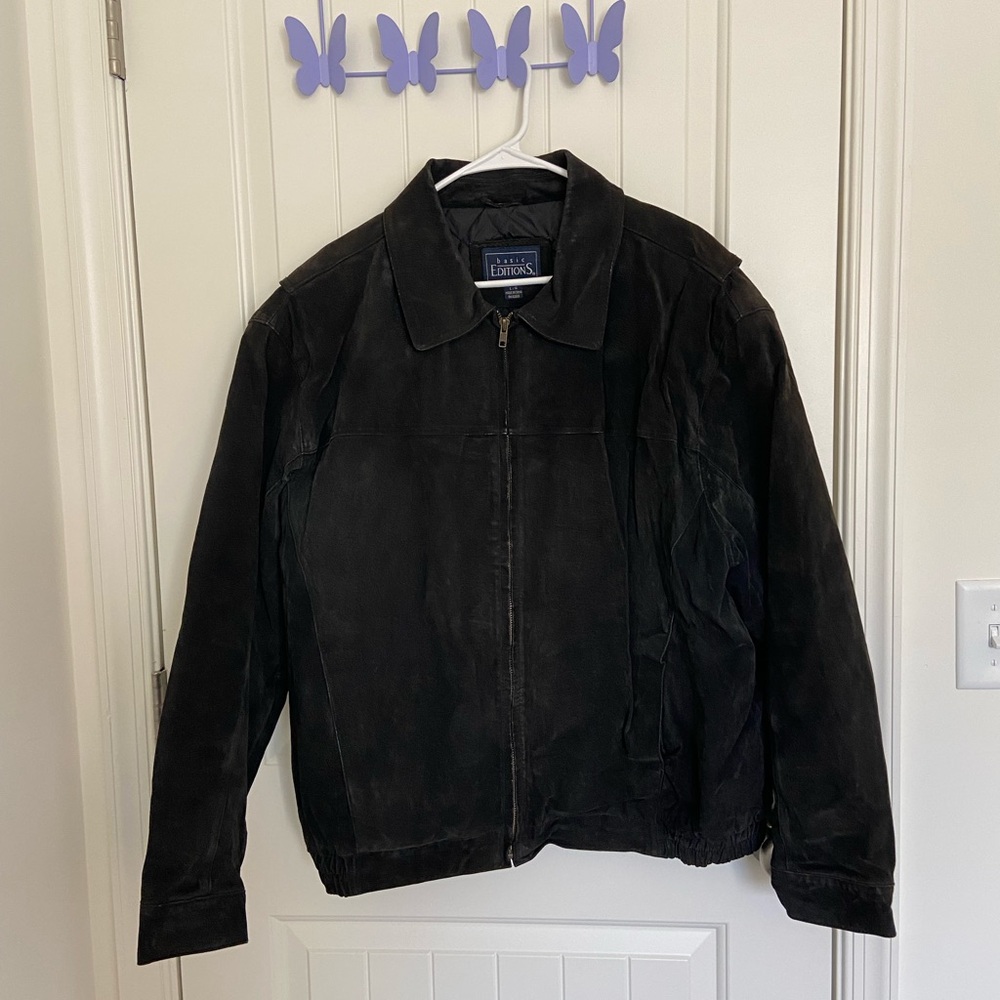 Vintage Basic Editions men’s black‎ leather zip pocket collared jacket large